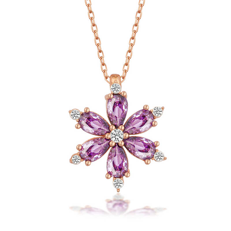 Gümüş Rose Mor Lotus Çiçeği Kadın Kolye-Gümüş