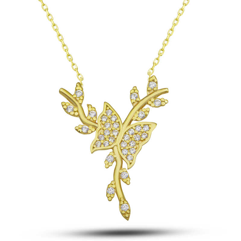 Gümüş Gold Daldaki Kelebek Kadın Kolye – Değişimin Simgesi | 925 Ayar
