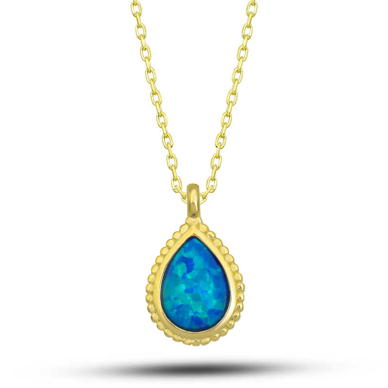 Gümüş Gold Damla Mavi Opal Taşlı Kadın Kolye – Zamansız Klasik | 925 Ayar