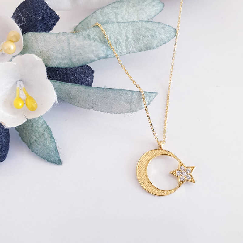 Gümüş Gold Ay Yıldız Kadın Kolye – Vatan Sevgisi | 925 Ayar | 1,6 cm 1,5 cm 1,5 gr