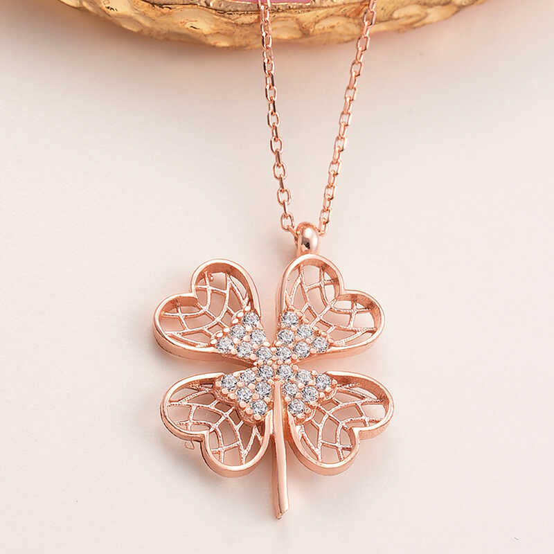 Gümüş Rose Dört Yapraklı Yonca Kadın Kolye – Şans Getiren | 925 Ayar | 1,5 cm 2 cm 1,7 gr