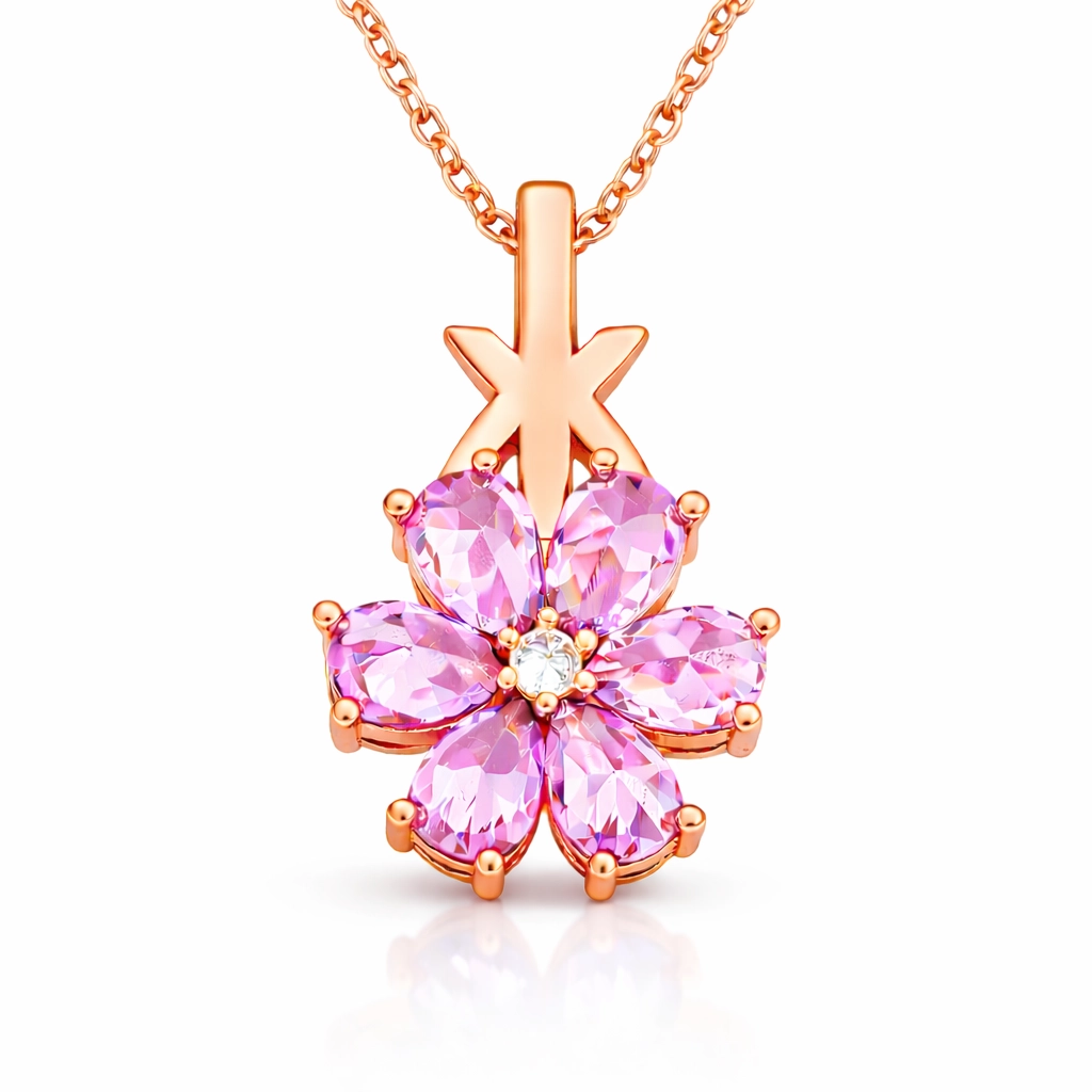 Gümüş Rose Pembe Sevgi Çiçeği Kadın Kolye-Gümüş
