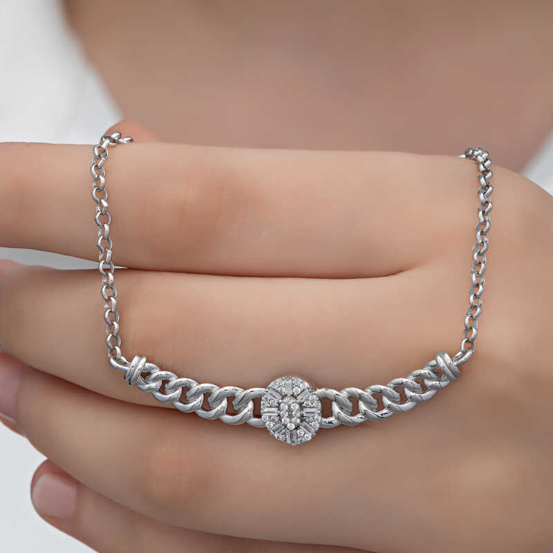 Gümüş Gurmet Zincirli Oval Baget Taşlı Kadın Kolye – Günlük Şıklık | 925 Ayar