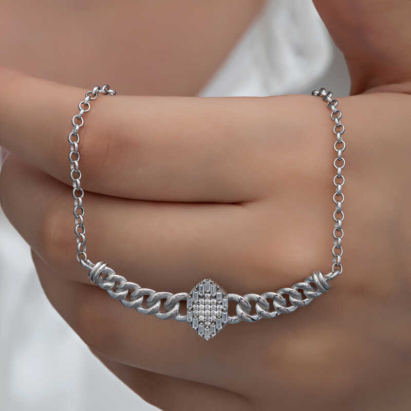 Gümüş Gurmet Zincirli Baget Taşlı Kadın Kolye – Günlük Şıklık | 925 Ayar | 0,8 cm 5 cm 6 gr