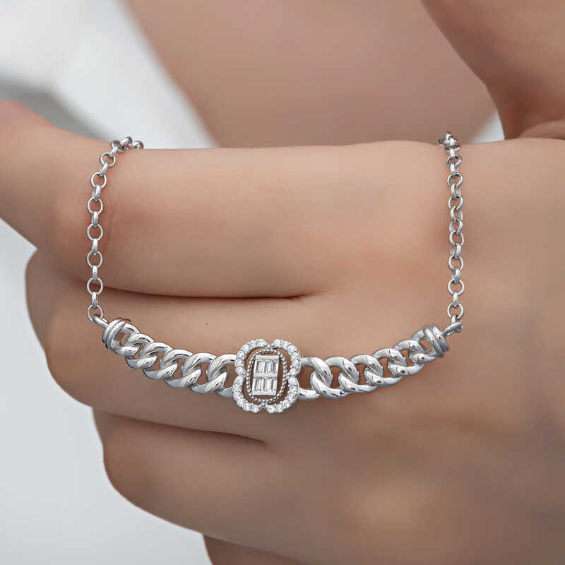 Gümüş Gurmet Zincirli Baget Taşlı Kadın Kolye – Günlük Şıklık | 925 Ayar | 0,9 cm 5 cm 6 gr