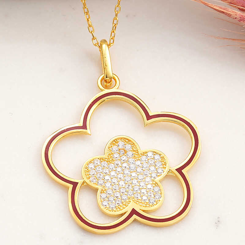 Gümüş Gold Çiçek Desenli Kadın Kolye – Solmayan Bahar | 925 Ayar | Model PT11004543