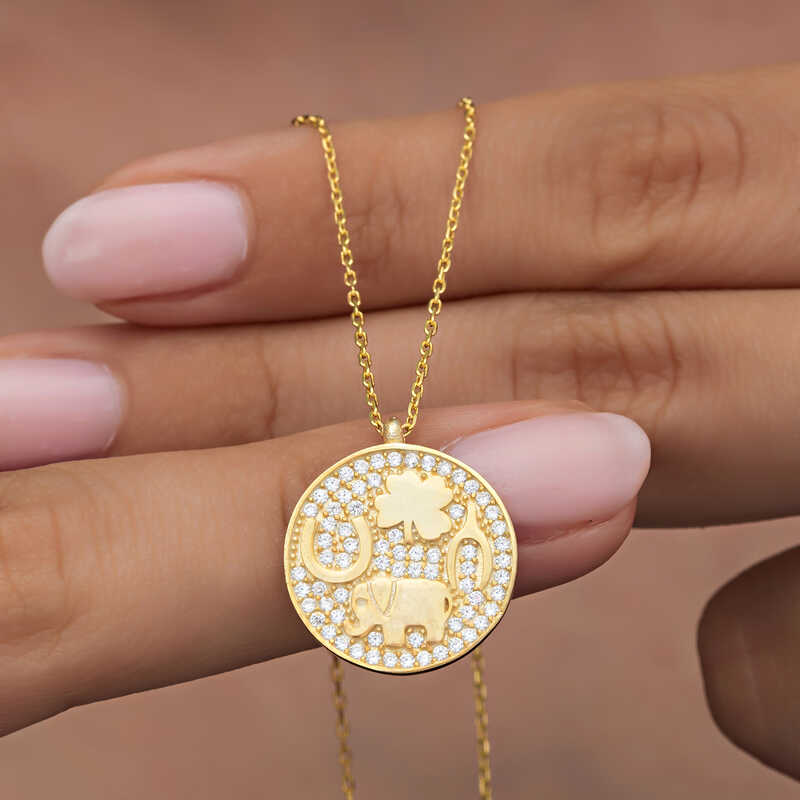 Gümüş Gold Fil Motifli Şans Kadın Kolye – Uğur ve Bilgelik | 925 Ayar