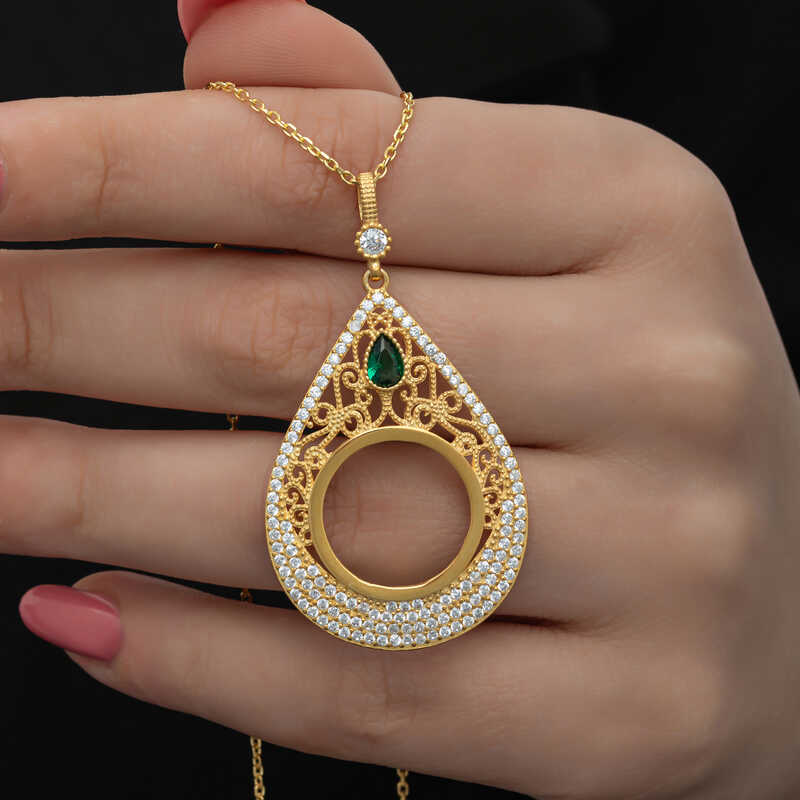Gümüş Gold Kaplama Damla Çeyrek Takılabilen Kadın Kolye – Zamansız Klasik | 925 Ayar | 2,9 cm 4,3 cm 70 cm 8,9 gr
