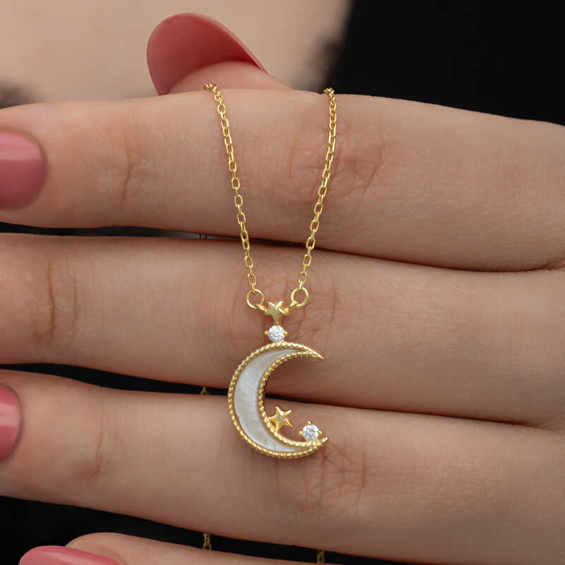 Gümüş Gold Ay Yıldız Kadın Kolye – Vatan Sevgisi | 925 Ayar | 1,2 cm 1,9 cm 2,9 gr