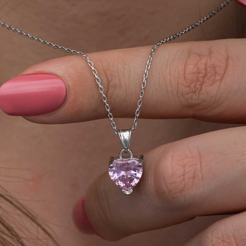 Gümüş Pembe Taşlı Kalpli Kadın Kolye – Sevginin Simgesi | 925 Ayar