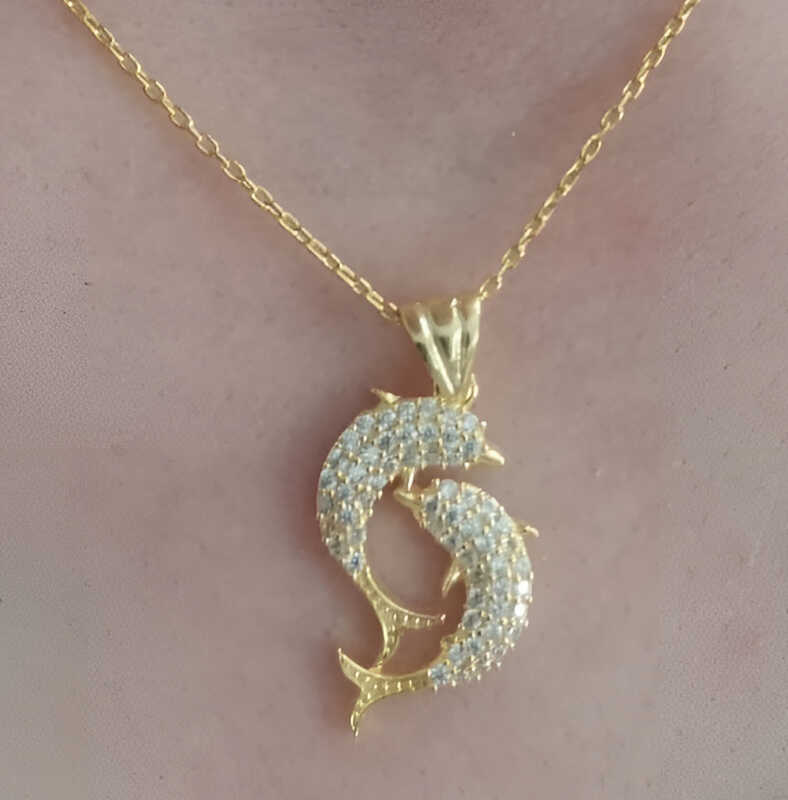 Gümüş Gold Çift Yunus Balığı Kadın Kolye – Dostluğun Simgesi | 925 Ayar