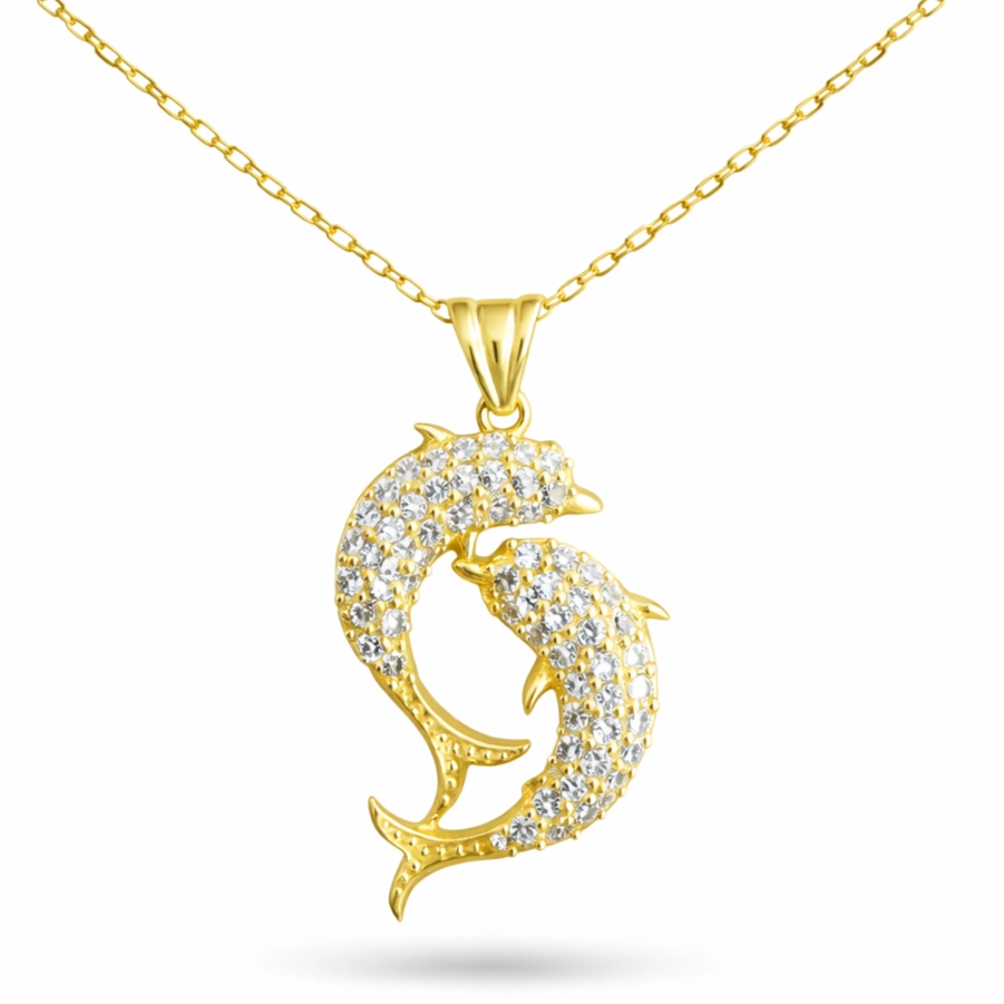 Gümüş Gold Çift Yunus Balığı Kadın Kolye-Gümüş