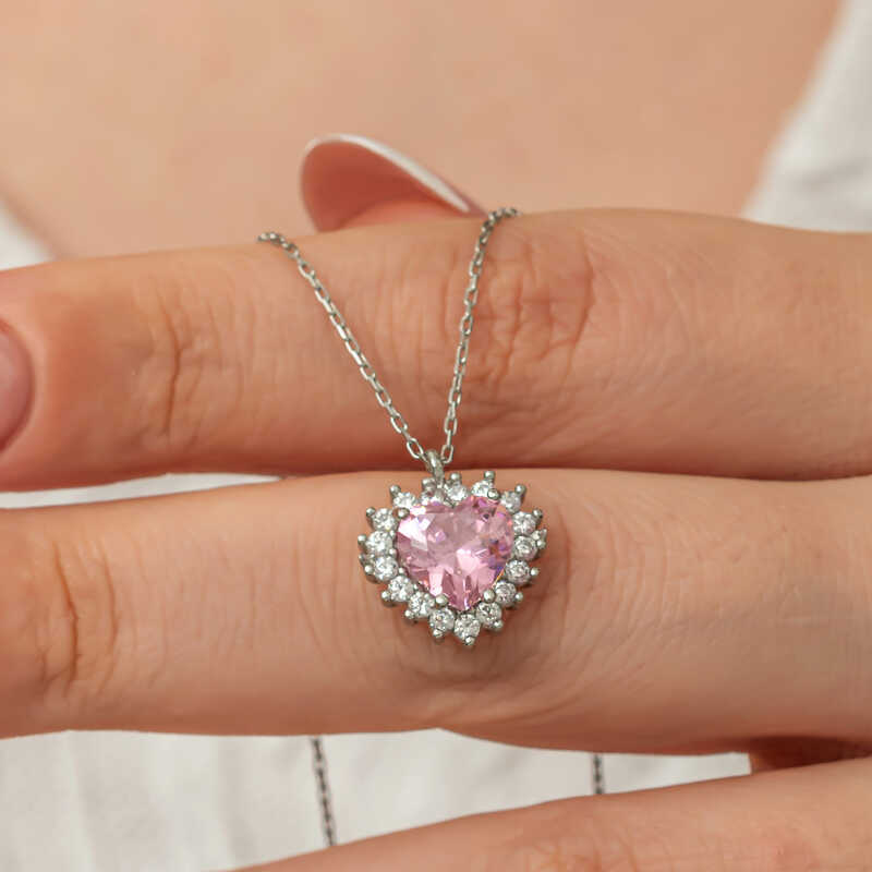 Gümüş Pembe Taşlı Kalp Kadın Kolye – Sevginin Simgesi | 925 Ayar | 1,3 cm 1,5 cm 45 cm 2,6 gr