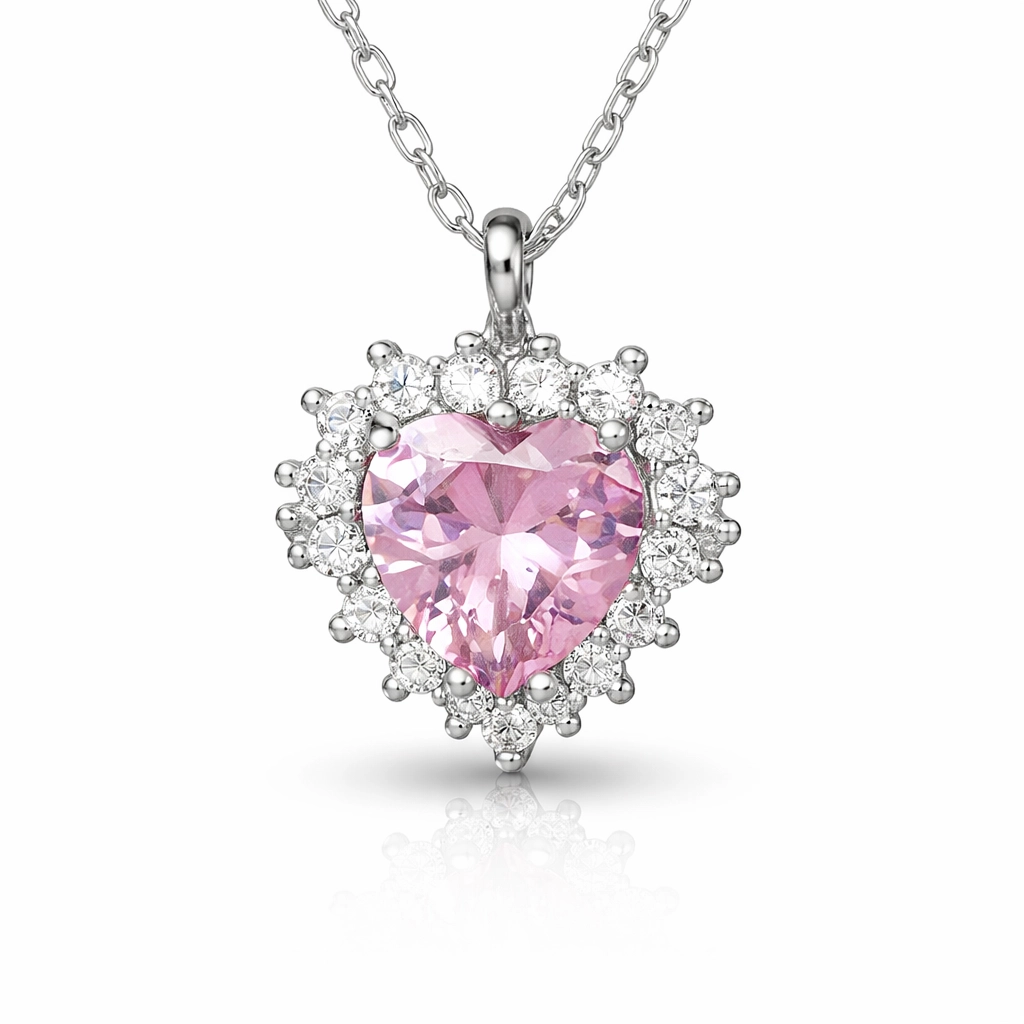 Gümüş Pembe Taşlı Kalp Kadın Kolye-Gümüş