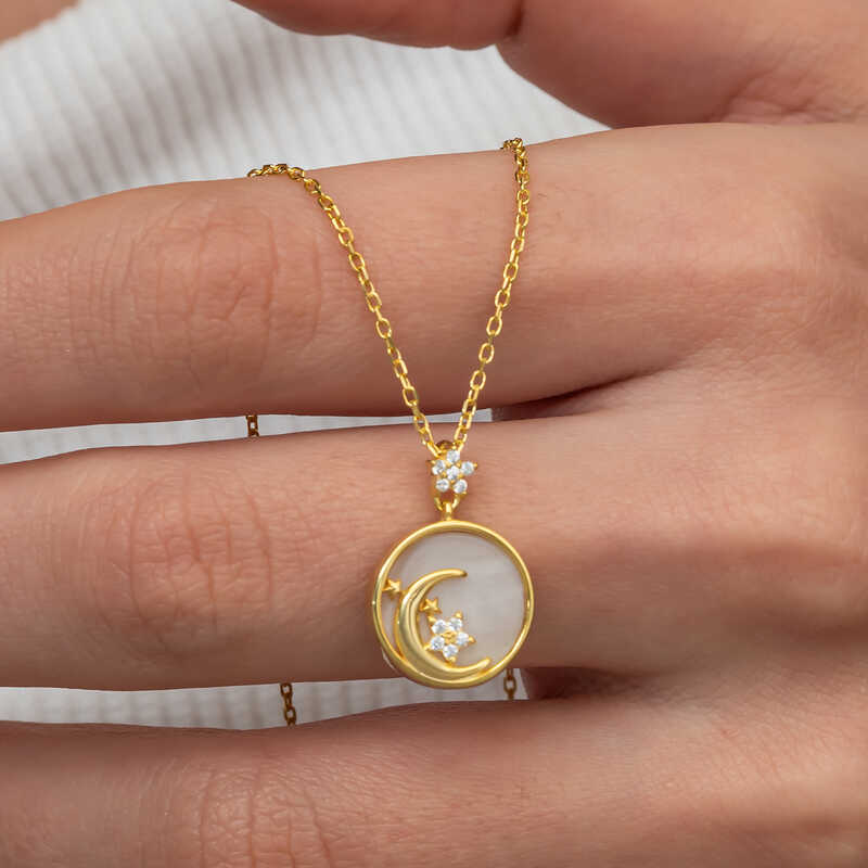 Gümüş Gold Sedef Taşlı Ay Yıldız Hilal Kadın Kolye-Gümüş