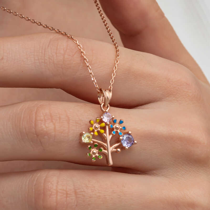 Gümüş Rose Renkli Hayat Ağacı Kadın Kolye – Aile Bağının Simgesi