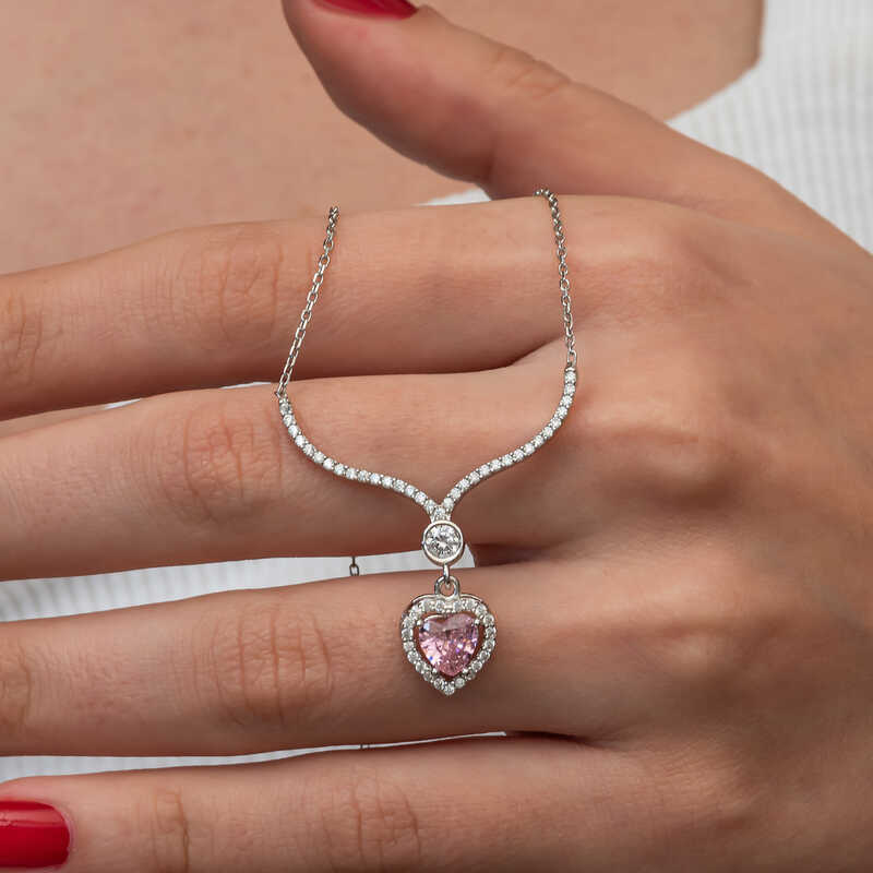 Gümüş Pembe Zirkon Taşlı Kalp Kadın Kolye – Sevginin Simgesi | 925 Ayar