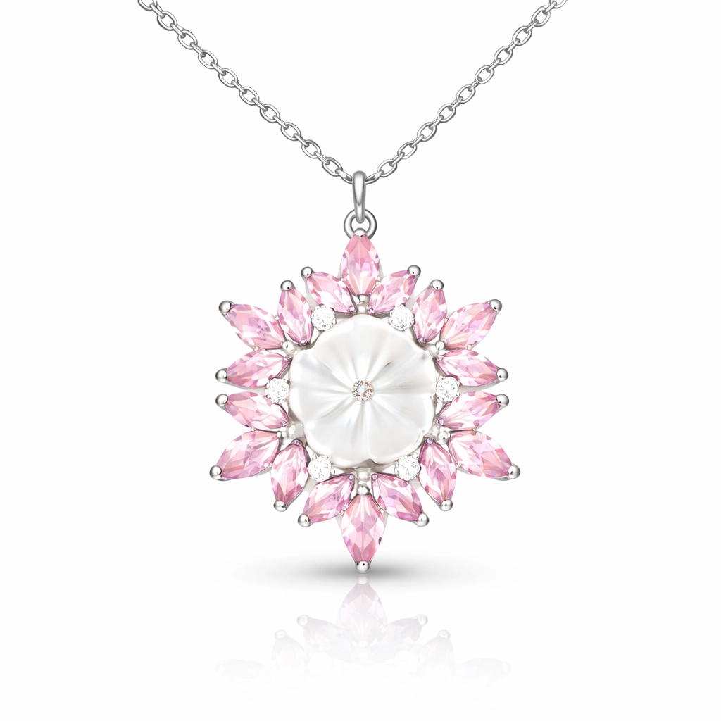 Gümüş Pembe Lotus Desenli Çiçek Kadın Kolye-Gümüş