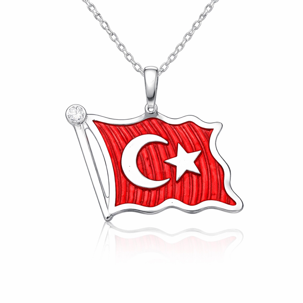 Gümüş Türk Bayrağı Kadın Kolye-Gümüş