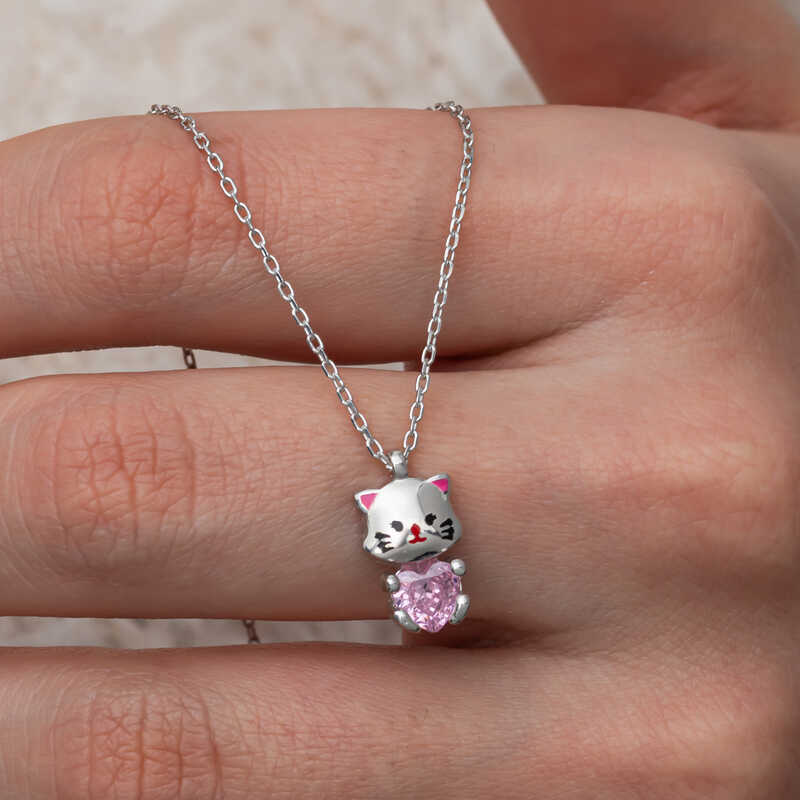 Gümüş Pembe Taşlı Sevimli Kedi Kadın Kolye – Özgür Ruh | 925 Ayar