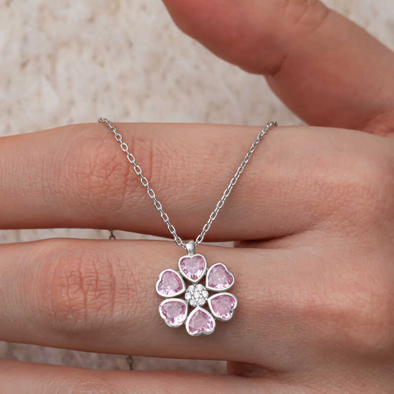 Gümüş Pembe Kalpli Çiçek Kadın Kolye – Sevginin Simgesi | 925 Ayar
