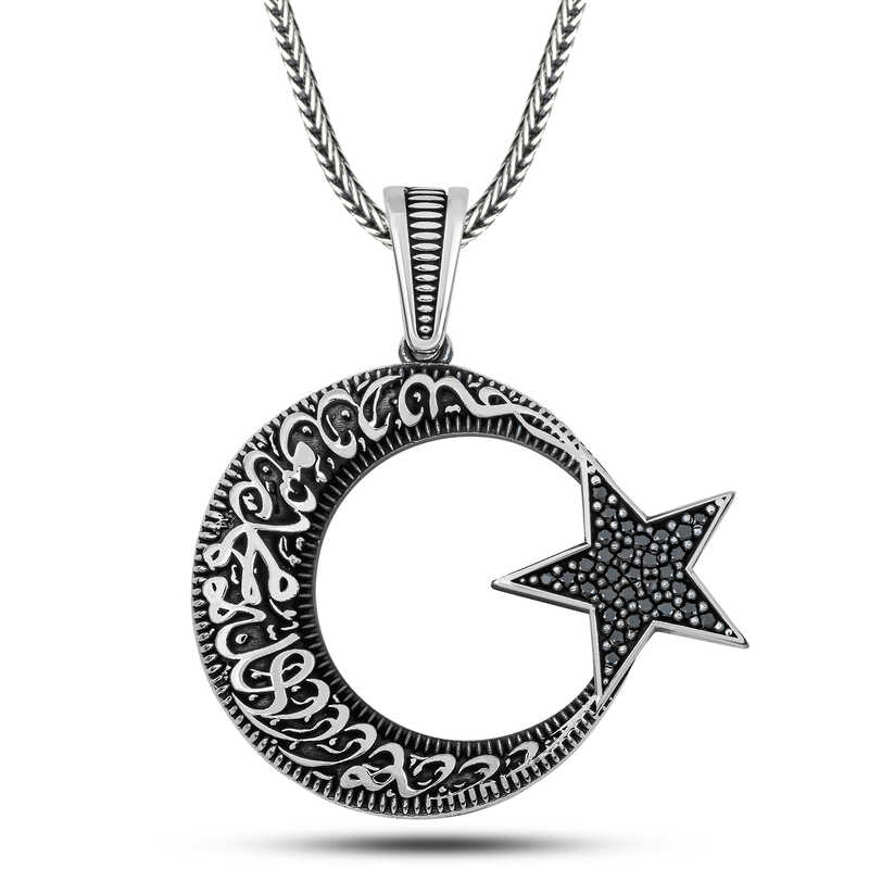 Gümüş Kelime-i Tevhid Yazılı Taşlı Erkek Kolye-Gümüş