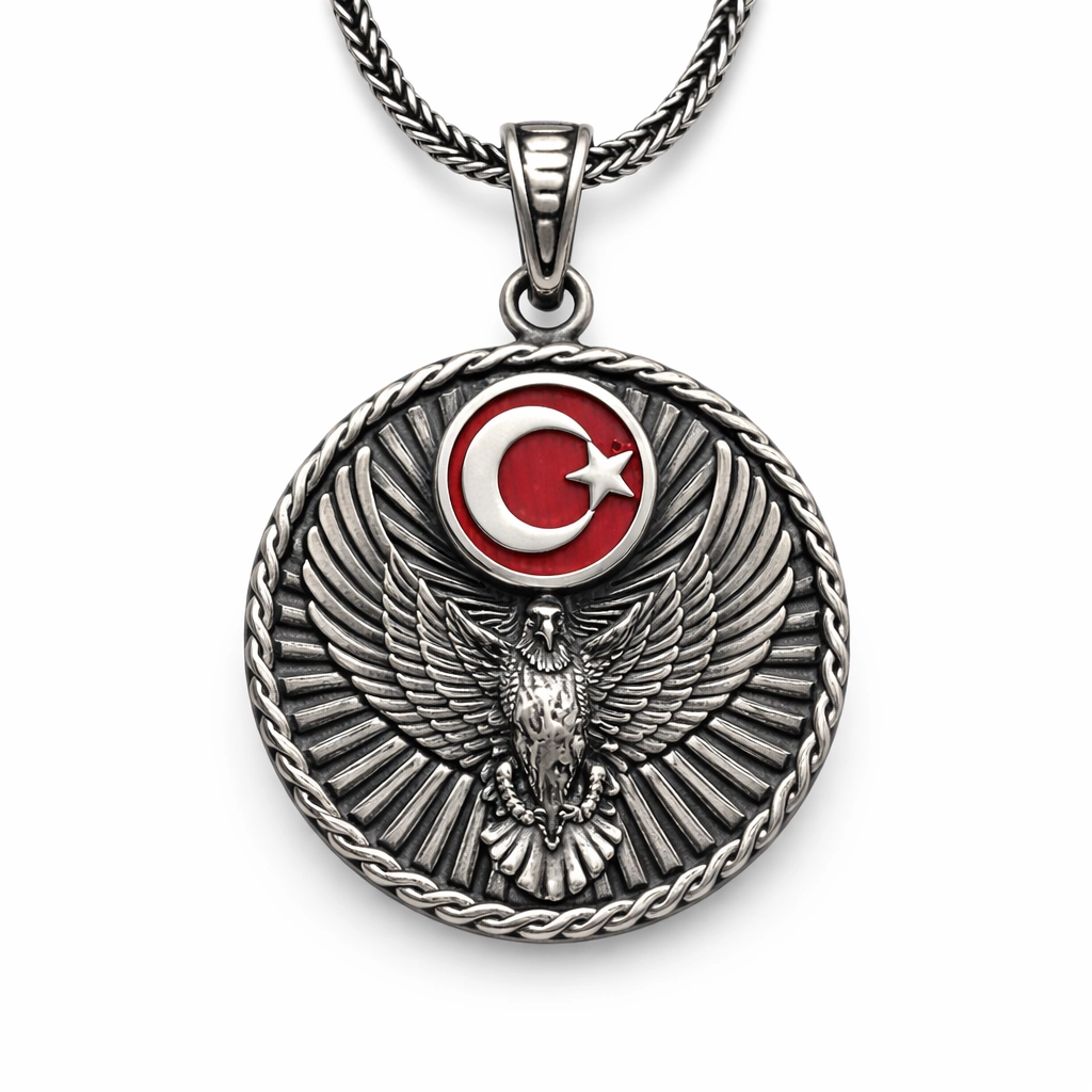 Gümüş Türk Kartalı ve Ay Yıldız Motifli Erkek Kolye-Gümüş