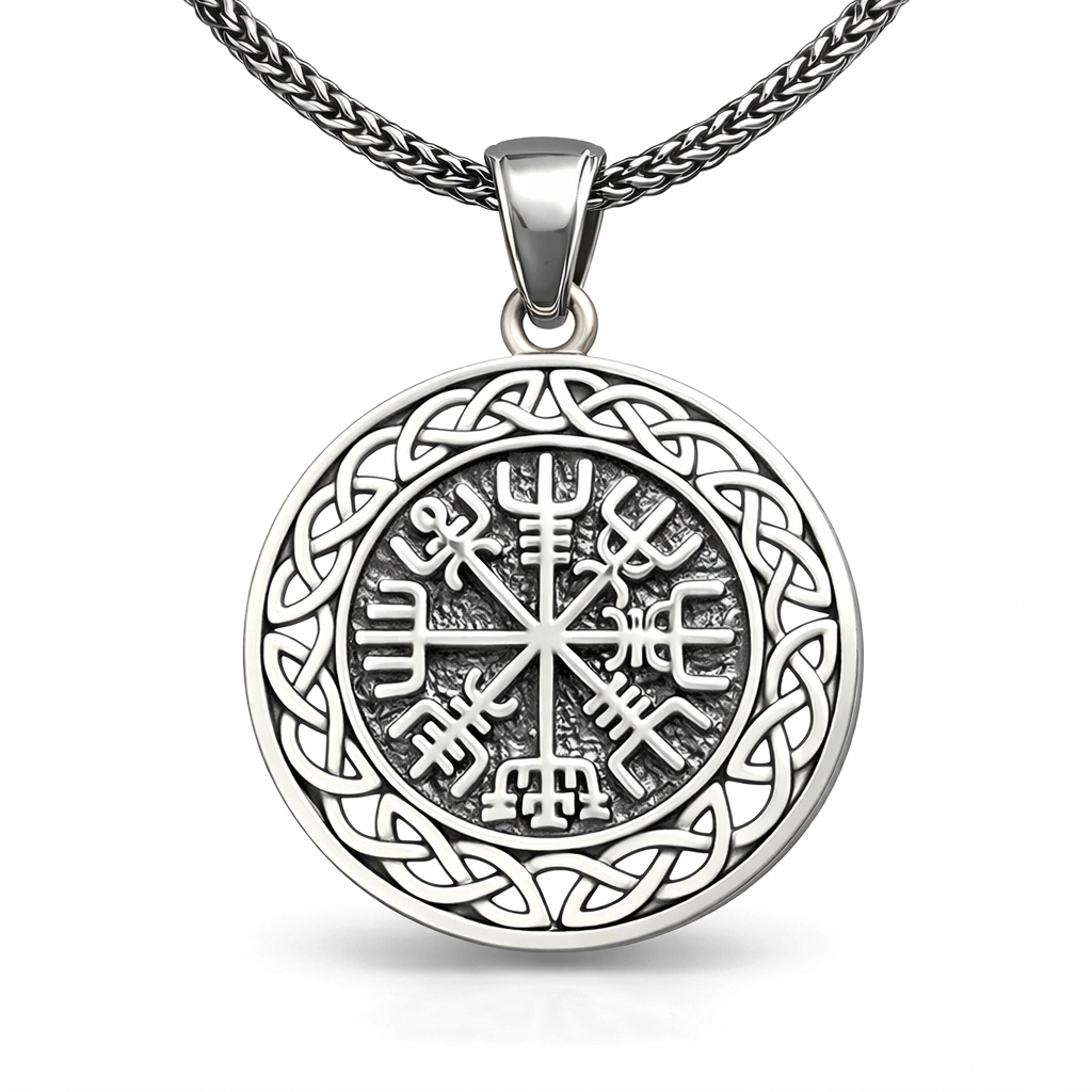 Gümüş Vegvisir Viking Pusulası Erkek Kolye-Gümüş