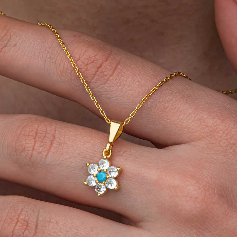 Gümüş Mavi Taşlı Gold Çiçek Kadın Kolye – Solmayan Bahar | 925 Ayar