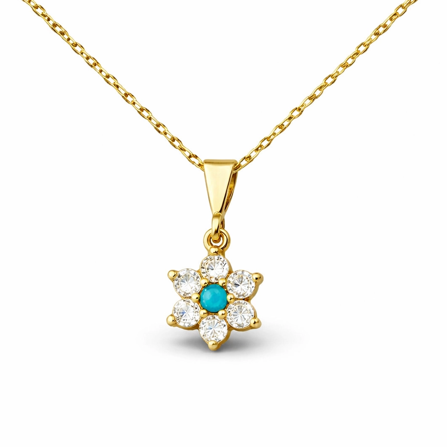 Gümüş Mavi Taşlı Gold Çiçek Kadın Kolye-Gümüş
