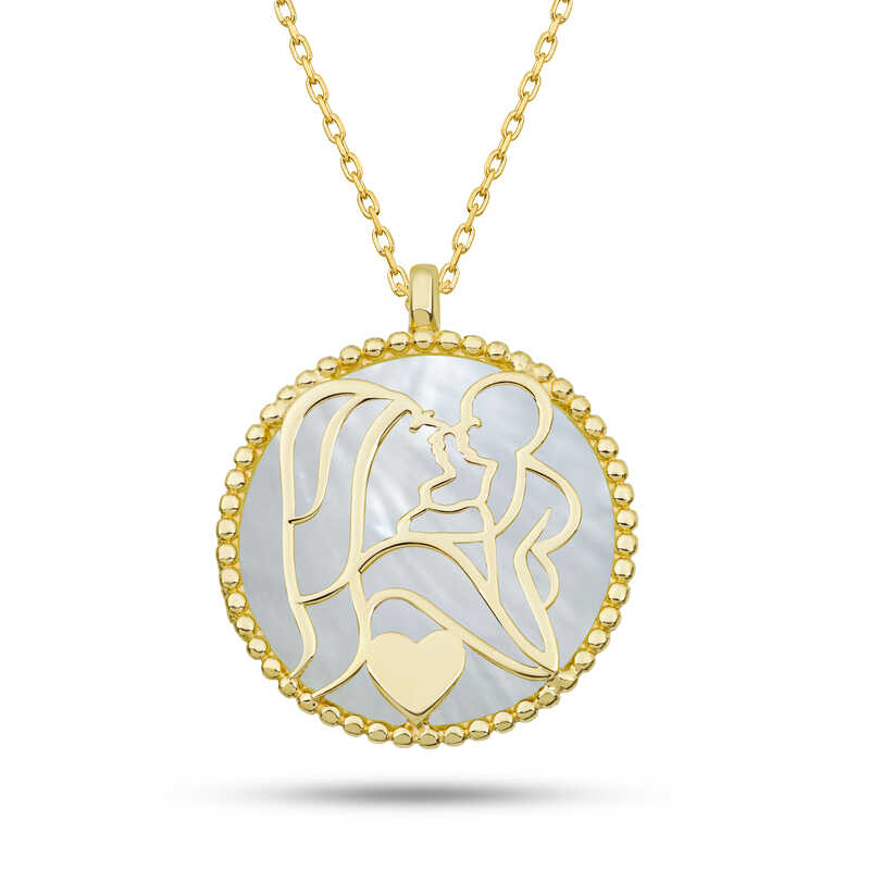 Gümüş Gold Sedef Taşlı Anne Çocuk Sevgisi Kolye-Gümüş