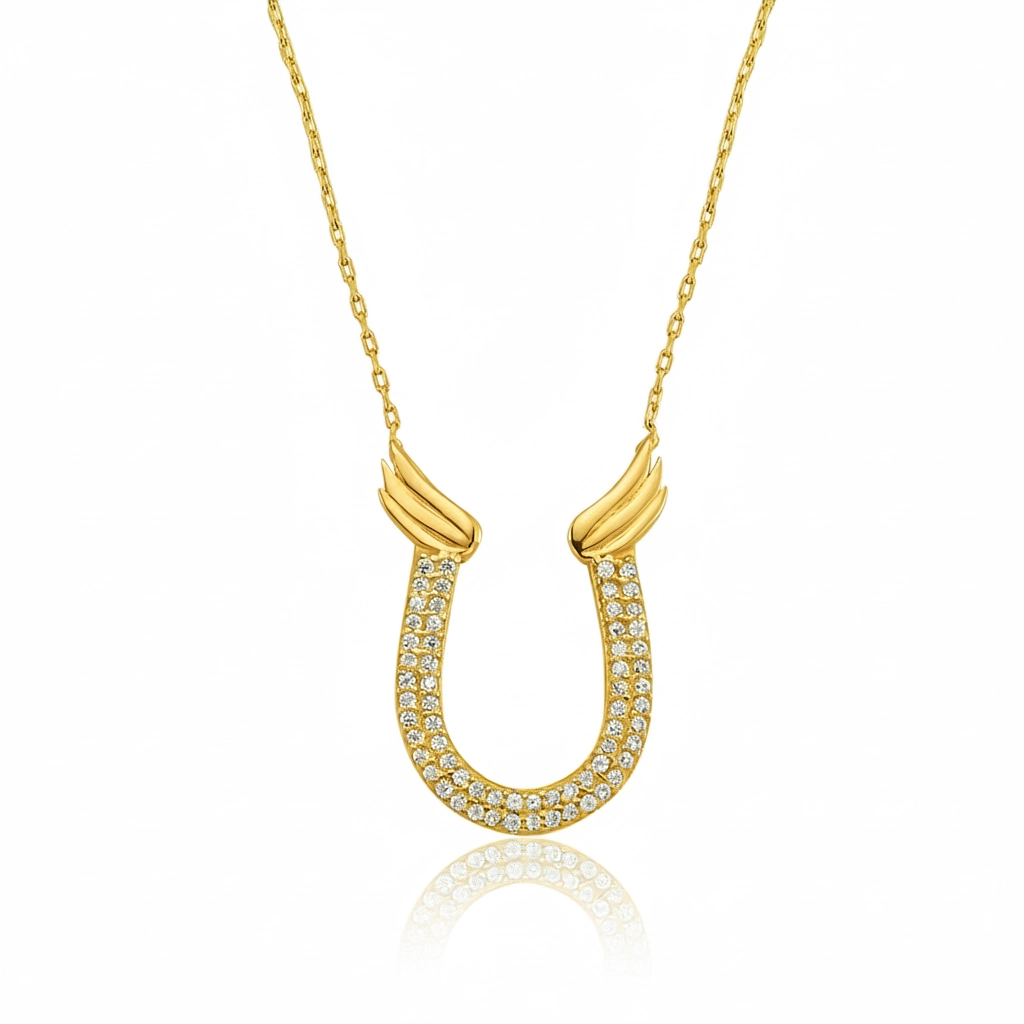 Gümüş Gold Zirkon Taşlı Nal Kadın Kolye – Şans Getiren
