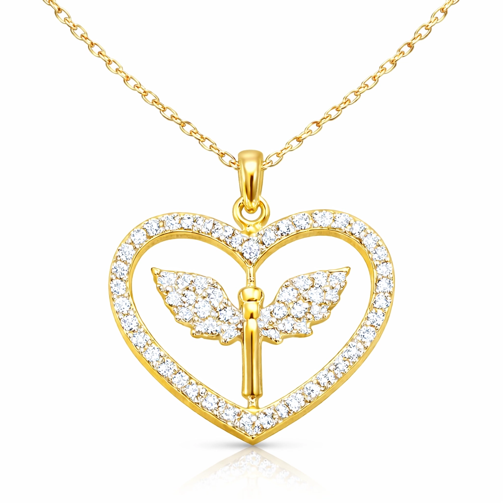 Gümüş Gold Mikail Meleği Figürlü Kalp Kadın Kolye-Gümüş