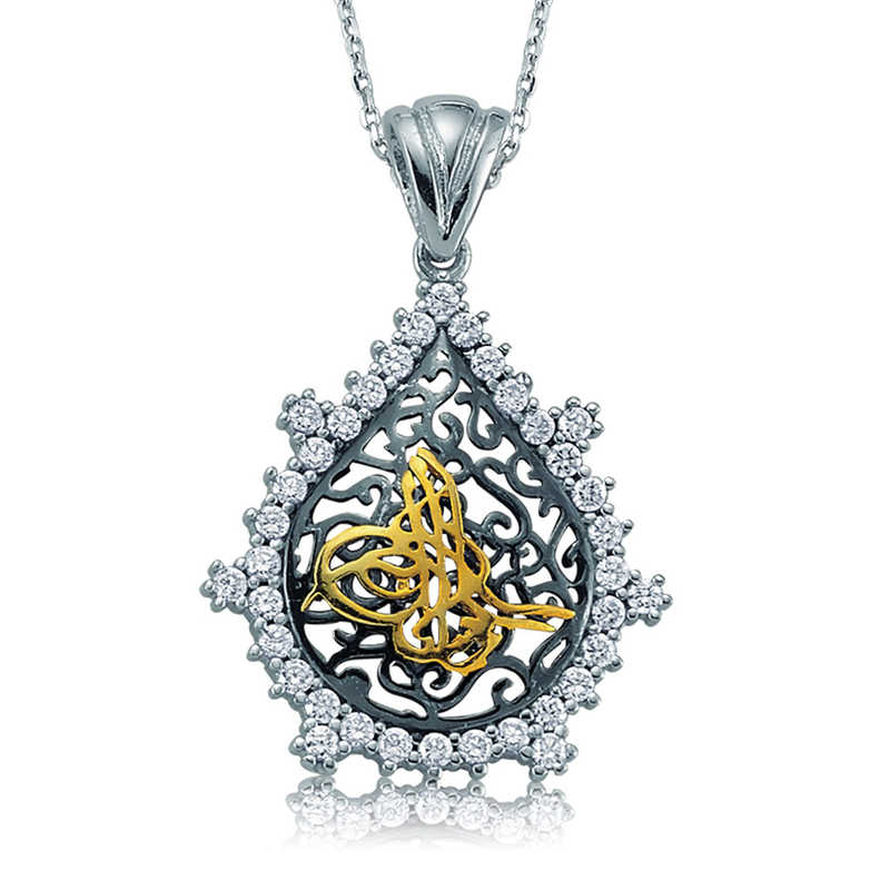 Gümüş Taşlı Tuğra Bayan Kolye – Osmanlı Mirası | 925 Ayar | 2,5 cm 3 cm 6,5 gr