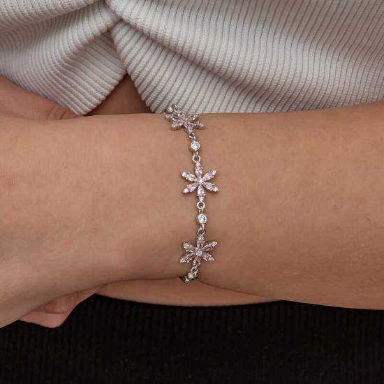 Gümüş Pembe Lotus Çiçeği Kadın Bileklik-Gümüş