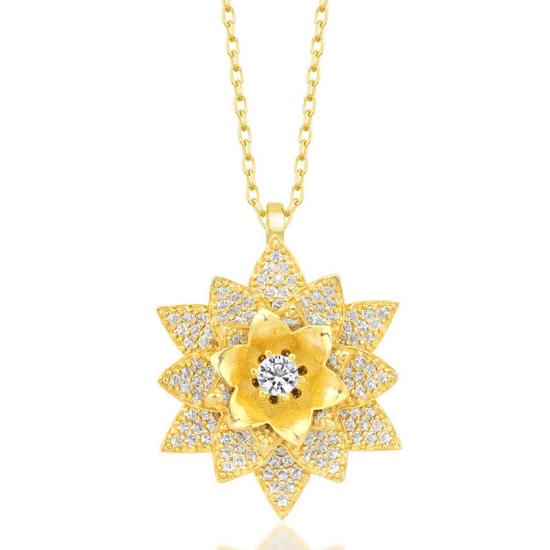 Gümüş Gold Beyaz Taşlı Lotus Çiçeği Kadın Kolye-Gümüş