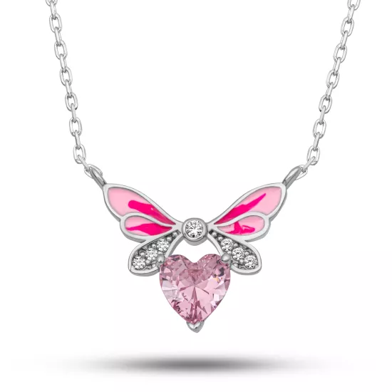 Gümüş Pembe Kalp Peri Kanatlı Kolye