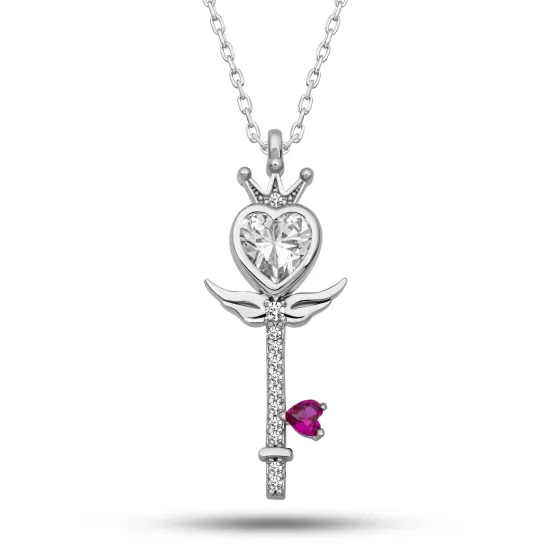 Gümüş Kalp Taç Anahtar Kadın Kolye