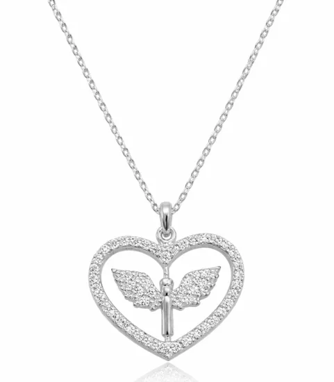 Gümüş Mikail Meleği Figürlü Kalp Kadın Kolye