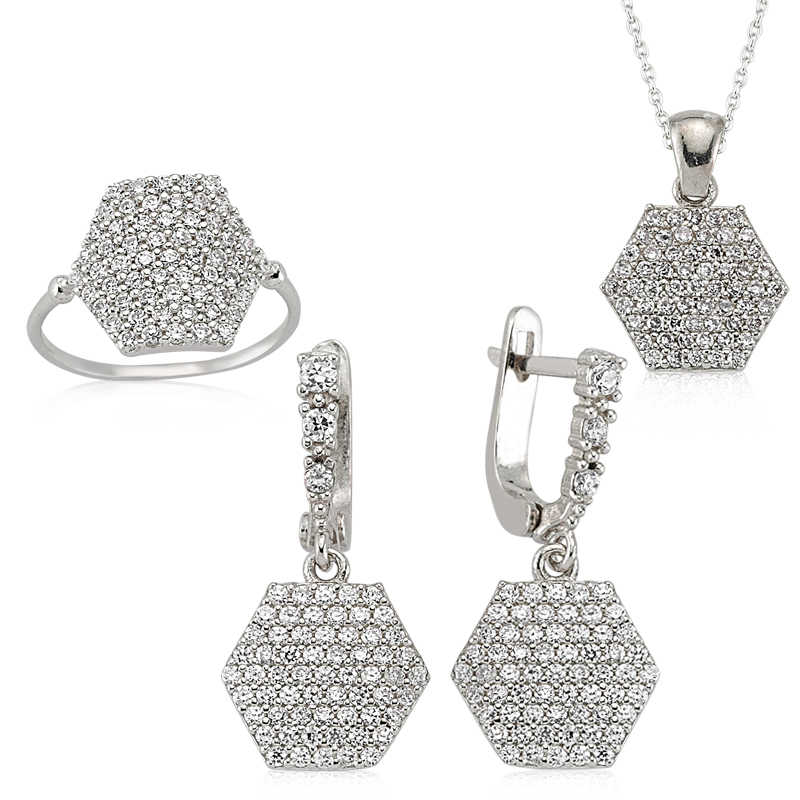 Gümüş Altıgen Bayan Set – Uyumlu Takım | 925 Ayar