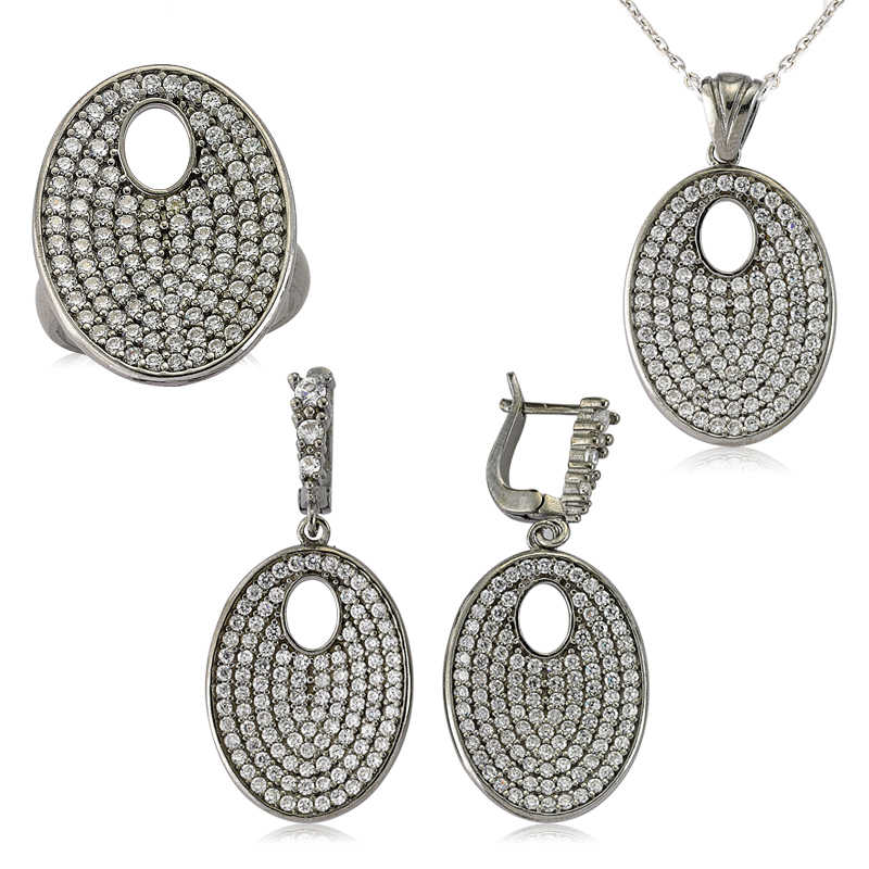 Gümüş Beyaz Taşlı Oval Bayan Set – Uyumlu Takım | 925 Ayar