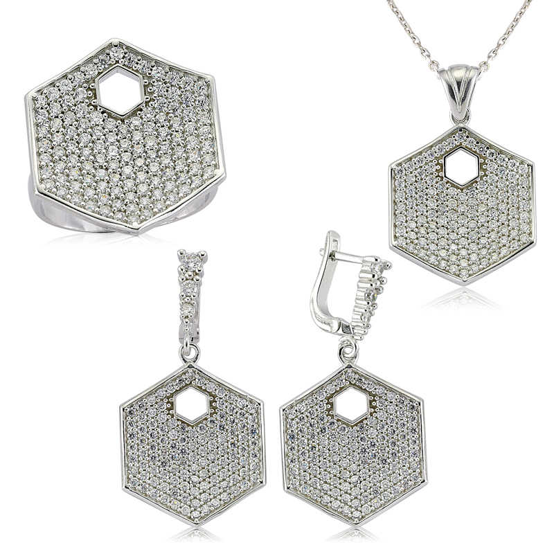 Gümüş Zirkon Taşlı Altıgen Bayan Set – Uyumlu Takım | 925 Ayar | 25 gr