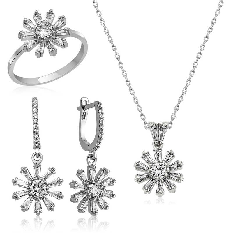 Gümüş Trapez Taşlı Çiçek Bayan Set – Solmayan Bahar | 925 Ayar