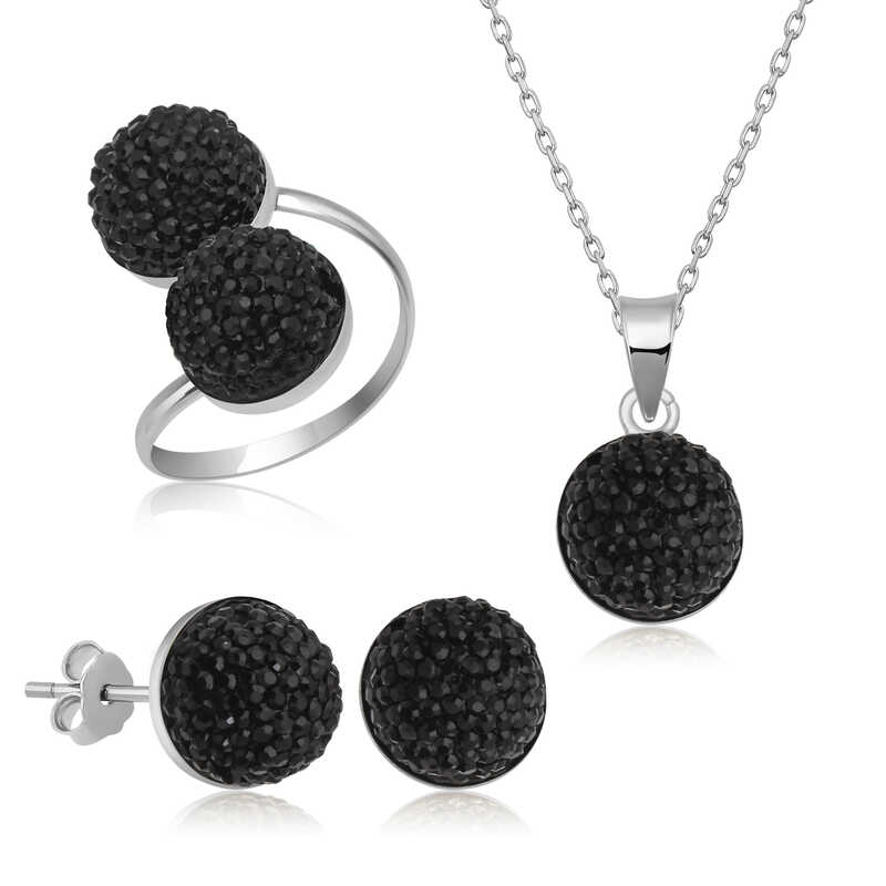 Gümüş Siyah Kristal Kadın Set – Uyumlu Takım | 925 Ayar