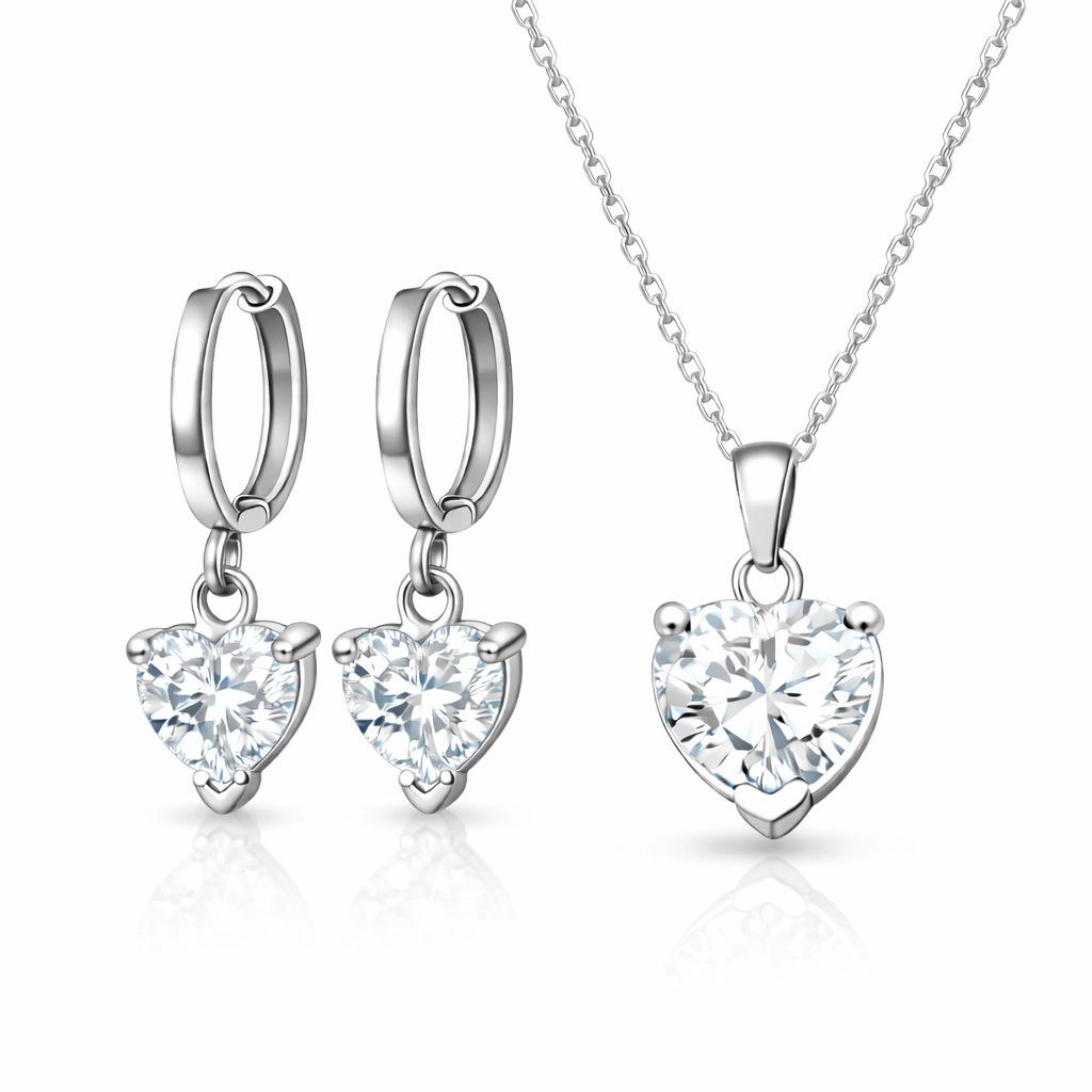 Gümüş Beyaz Taşlı Kalpli Kadın Set – Sevginin Simgesi | 925 Ayar | 0,9 cm 1,1 cm 50 cm 2,9 gr 1,2 cm 2,4 cm 7,1 gr