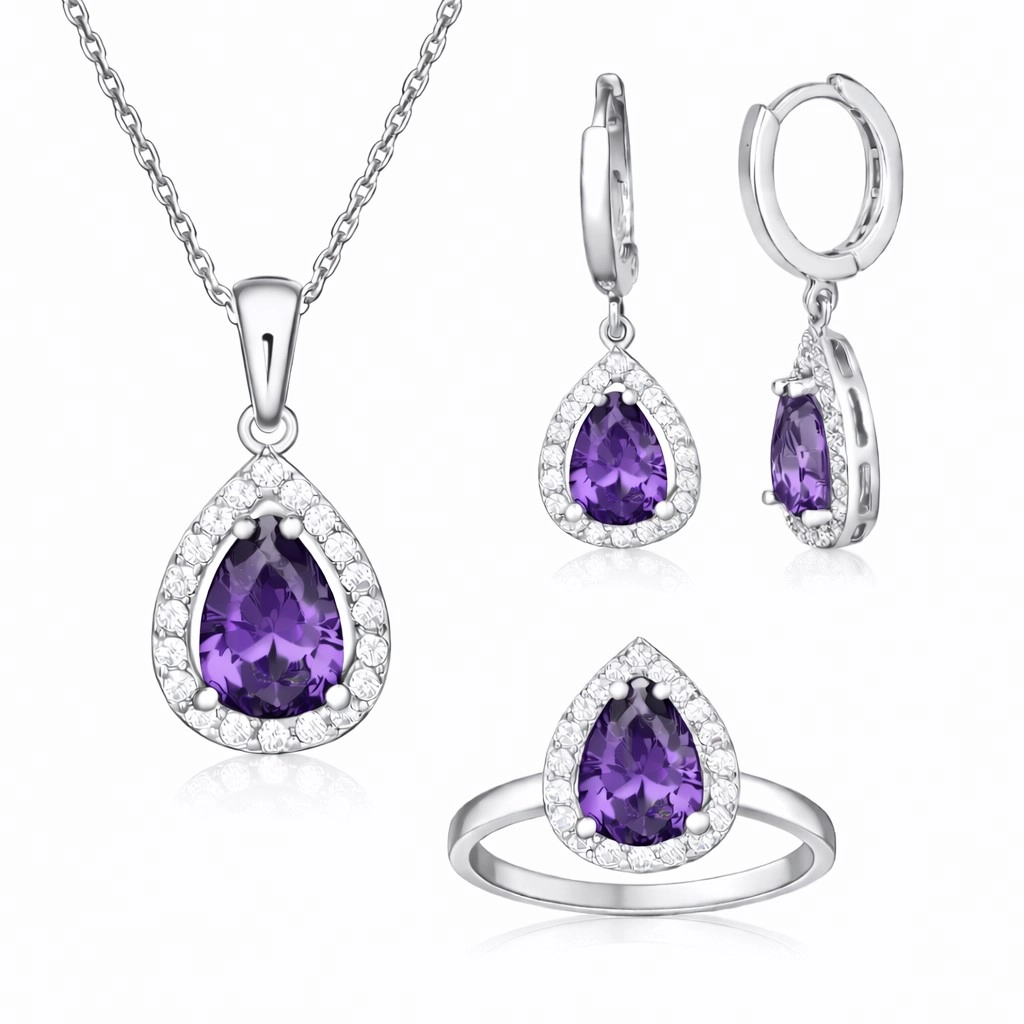 Gümüş Mor Zirkon Taşlı Damla Kadın Set – Zamansız Klasik