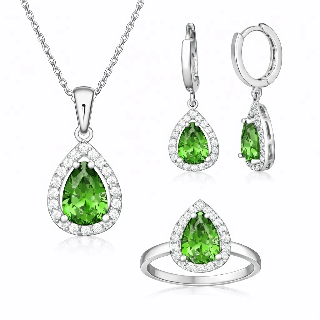 Gümüş Yeşil Zirkon Taşlı Damla Kadın Set – Zamansız Klasik