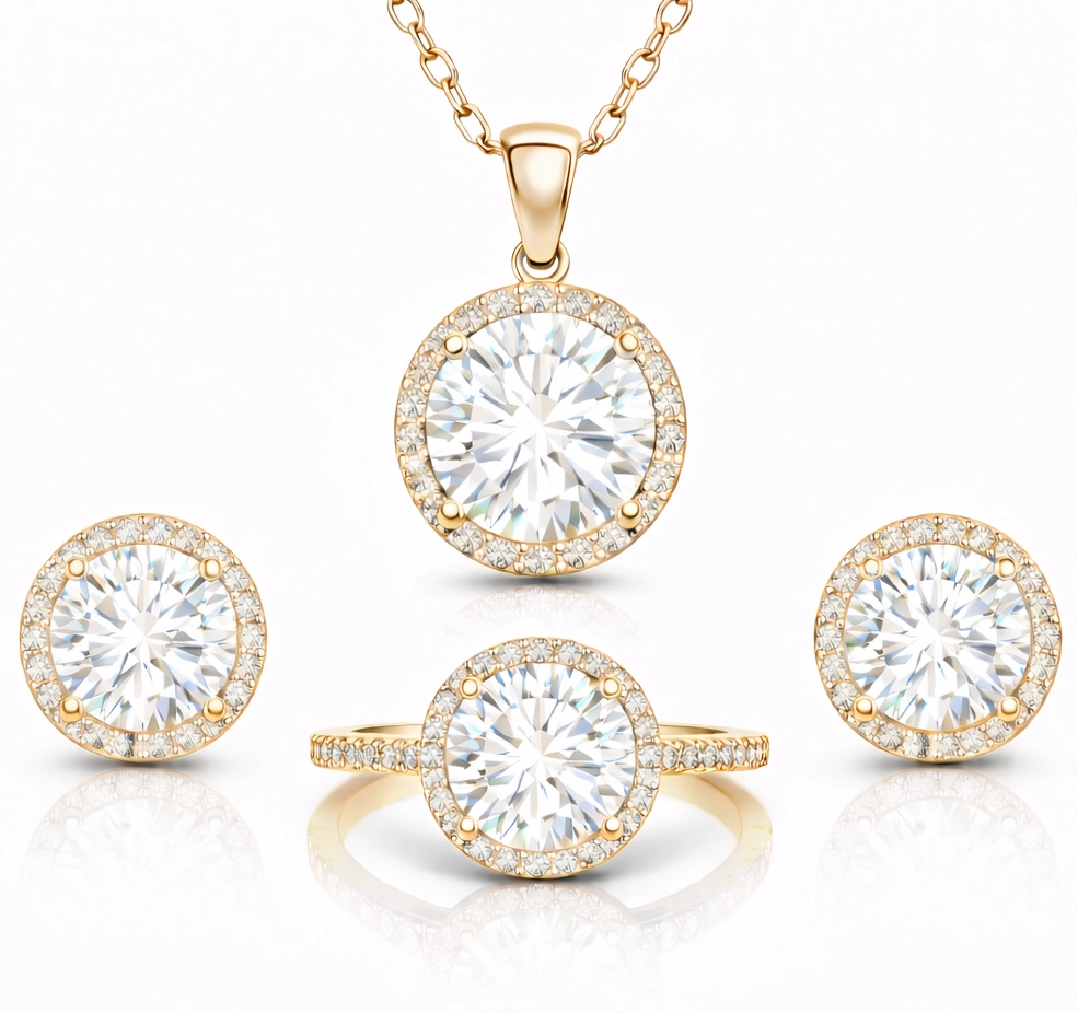 Gümüş Gold Yuvarlak Montür Tek Taş Kadın Set – Tek Işıltı
