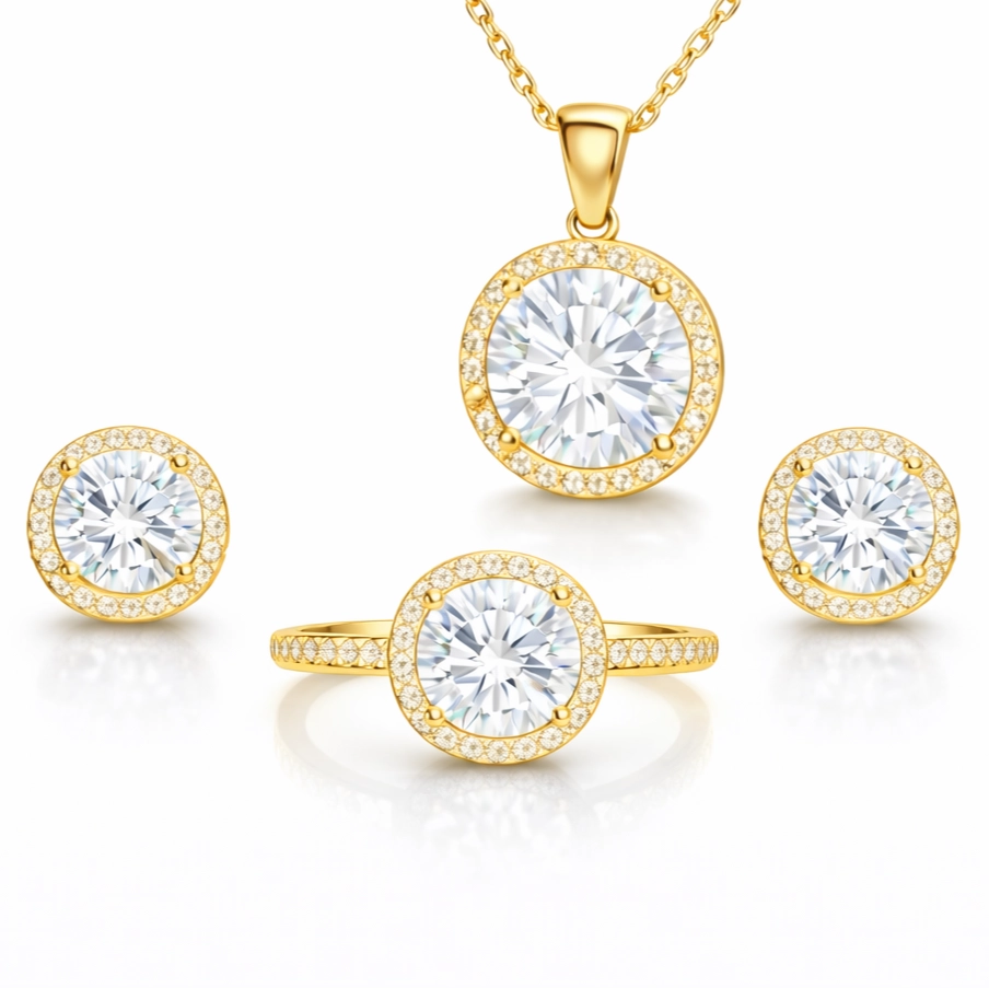 Gümüş Gold Yuvarlak Montür Tek Taş Kadın Set-Gümüş