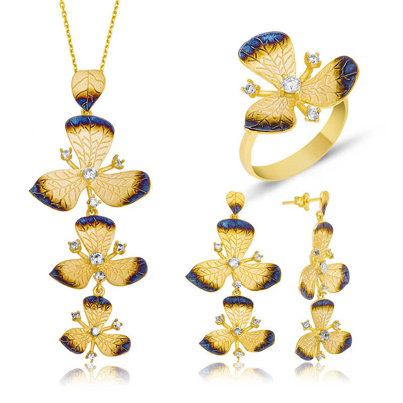Gümüş Sarı Çiçek Bayan Set – Solmayan Bahar | 925 Ayar